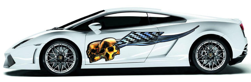 gold skulls and checkers decal on white formula race car